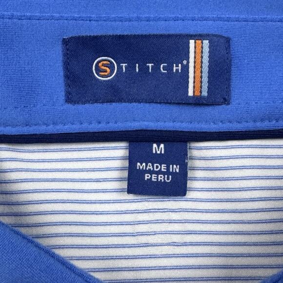 Stitch Golf Polo Shirt Mens M Blue Striped Baltusrol Logo Performance Preppy EUC - Picture 5 of 13